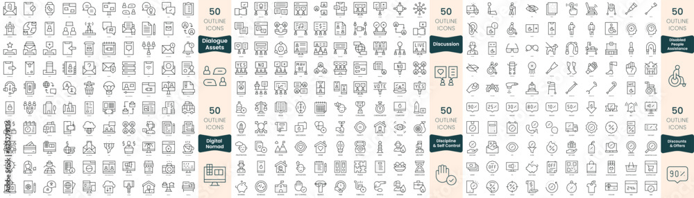 300 thin line icons bundle. In this set include dialogue assets, digital nomad, disabled people assistance, discipline and self control, discounts and offers, discussion