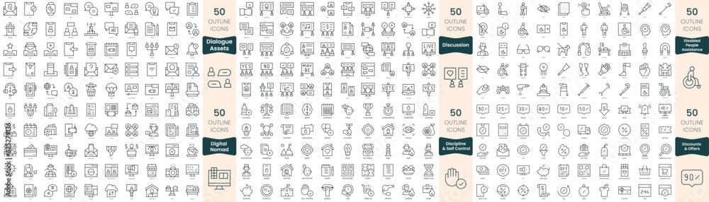 300 thin line icons bundle. In this set include dialogue assets, digital nomad, disabled people assistance, discipline and self control, discounts and offers, discussion 300 thin line icons bundle. In this set include dialogue assets, digital nomad, disabled people assistance, discipline and self control, discounts and offers, discussion