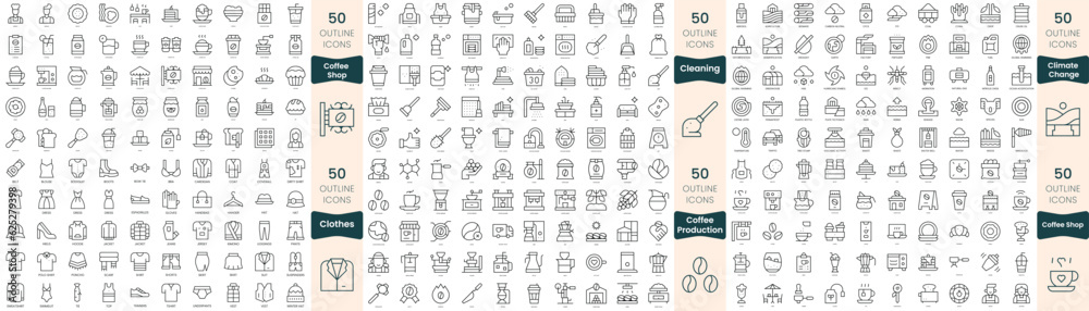 300 thin line icons bundle. In this set include cleaning, climate change, clothes, coffee production, coffee shop
