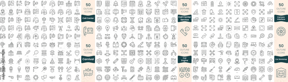 300 thin line icons bundle. In this set include call center service, call center, camera interface, car engine, car workshop, carnival