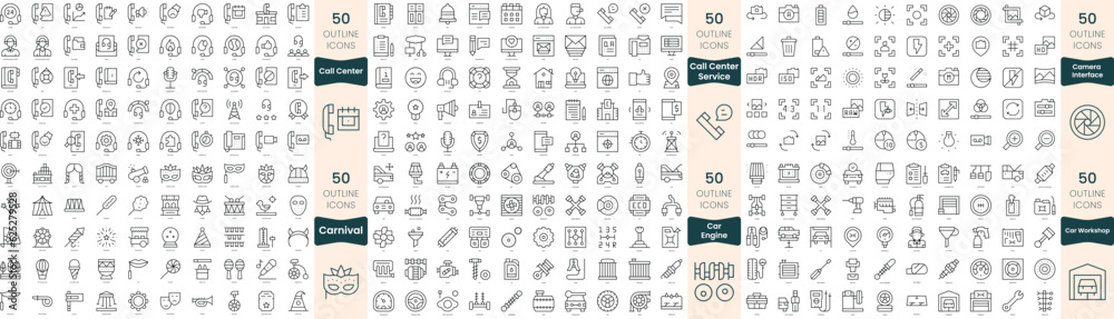 300 thin line icons bundle. In this set include call center service, call center, camera interface, car engine, car workshop, carnival 300 thin line icons bundle. In this set include call center service, call center, camera interface, car engine, car workshop, carnival