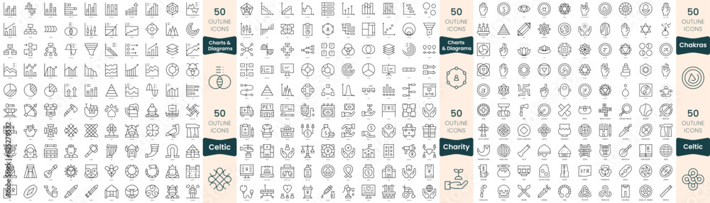 300 thin line icons bundle. In this set include celtic, chakras, charity, charts and diagrams