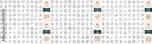 300 thin line icons bundle. In this set include call center service, call center, camera interface, car engine, car workshop, carnival