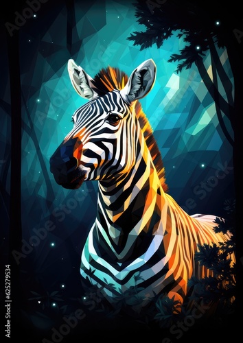 Zebra animal dark wallpaper with bokeh  lights and trees in nature. Generative Ai.