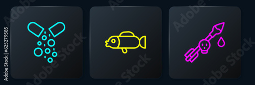 Set line Poisoned pill, the arrow and Puffer fish. Black square button. Vector