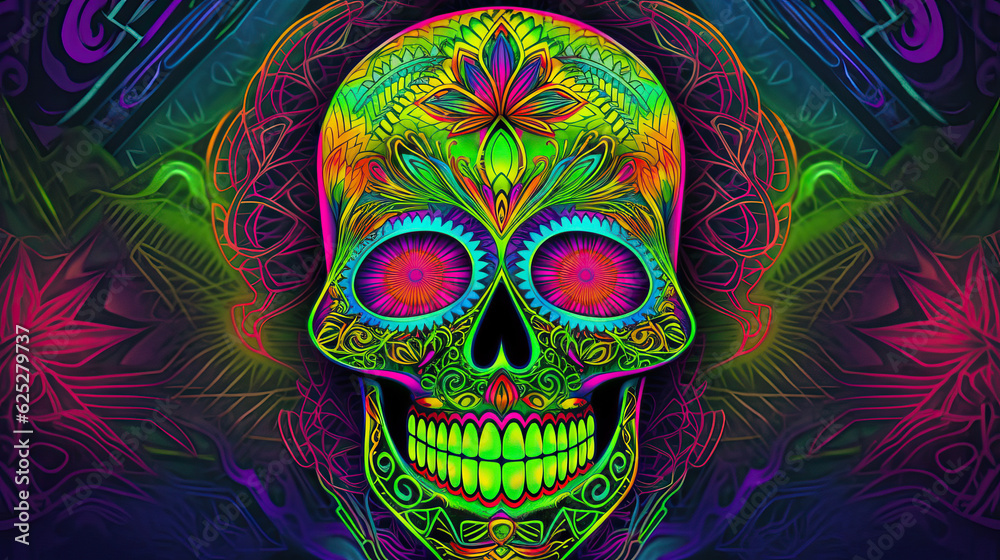 Day of The Dead Dia De Los Muertos colorful neon Mexican folk sugar skull with floral ornament background. Generative AI. High quality illustration.