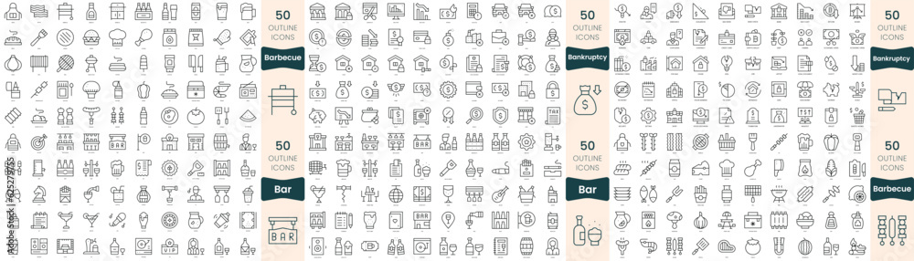 300 thin line icons bundle. In this set include bankruptcy, bar, barbecue