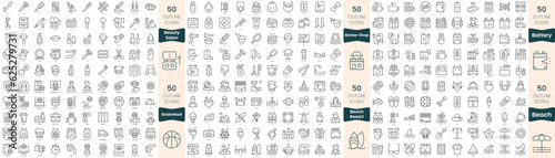 300 thin line icons bundle. In this set include barber shop, basketball, battery, beach resort, beach, beauty salon