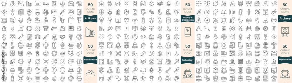 300 thin line icons bundle. In this set include antiques, anxiety and depression, aquaculture, arabian food, archeology, archery 300 thin line icons bundle. In this set include antiques, anxiety and depression, aquaculture, arabian food, archeology, archery