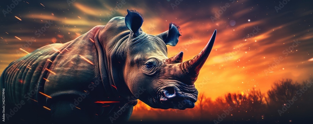 Rhinoceros with bokeh dark sunset background, dark forest panorama. Generative Ai. - obrazy, fototapety, plakaty 