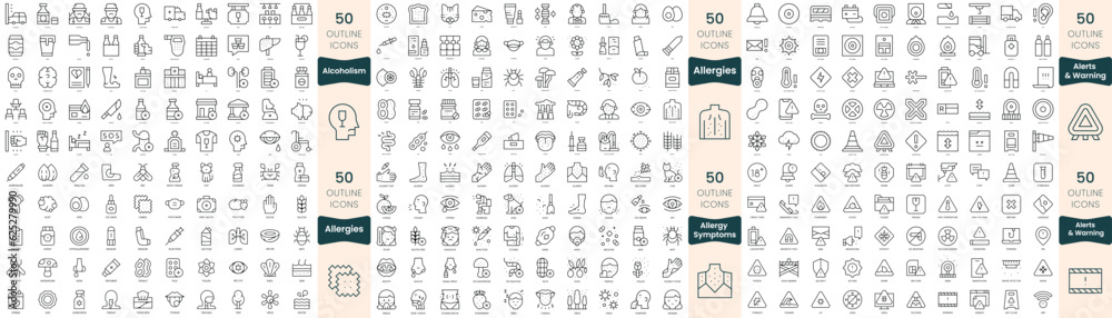 300 thin line icons bundle. In this set include alcoholism, alerts and warning, allergies, allergy symptoms