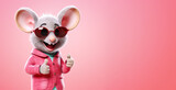Cute mouse, smiling wearing jumper and sunglasses, showing approving thumbs up to appreciate good work or product. Wide banner with copy space side. Generative AI