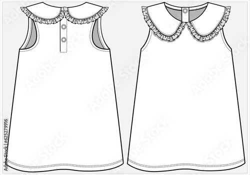 FRILL PETER PAN COLLAR SLEEVELESS A LINE KNIT DRESS WITH RING SNAP FASTENING DETAIL DESIGNED FOR KID GIRLS AND TODDLER GIRLS IN VECTOR ILLUSTRATION