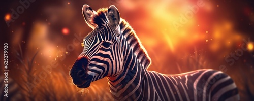 Zebra animal dark wallpaper with bokeh and lights,  nature panorama. Generative Ai. © annamaria