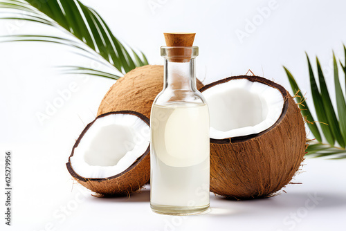 Coconut oil in a vintage glass bottle with cork lid and yummy split coconut halves with white flesh and green palm leaves on a white background with copy space. 