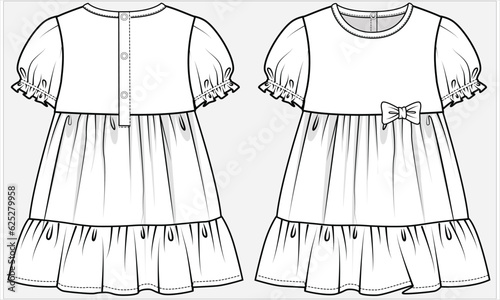 PUFF SLEEVES TIERED WOVEN DRESS WITH POLY BUTTON FASTENERS AND CUTE BOW DETAIL DESIGNED FOR KID GIRLS AND TODDLER GIRLS IN VECTOR ILLUSTRATION