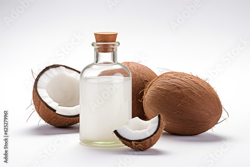 Coconut oil in a vintage glass bottle with cork lid and yummy split coconut halves with white flesh isolated on a white background with copy space. 