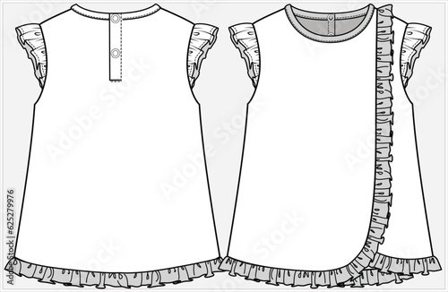 ASYMMETRIC FRILL SLEEVELESS A LINE KNIT DRESS WITH RING SNAP FASTENING DETAIL DESIGNED FOR KID GIRLS AND TODDLER GIRLS IN VECTOR ILLUSTRATION