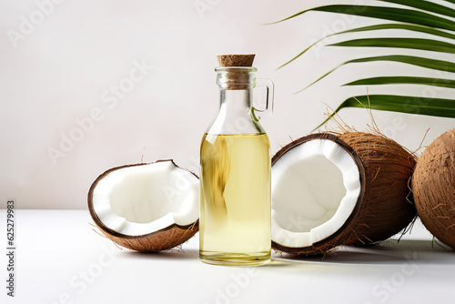 Coconut oil in a vintage glass bottle with cork lid and yummy split coconut halves with white flesh and green palm leaves on a white background with copy space.  photo