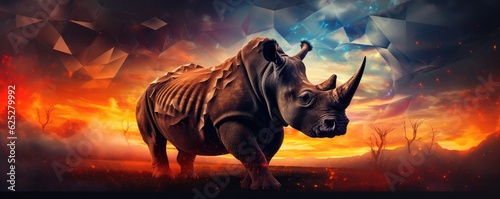 Rhinoceros with bokeh dark sunset background, dark forest panorama. Generative Ai.