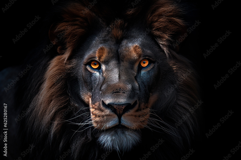 The face of a black lion. Close-up from the front. black background