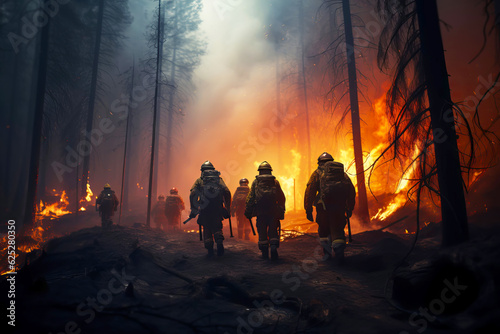 Heroic team of professional firefighters work in a blazing forest. Generative AI illustration