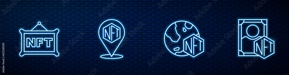 Set line NFT Digital crypto art, and . Glowing neon icon on brick wall. Vector - obrazy, fototapety, plakaty 