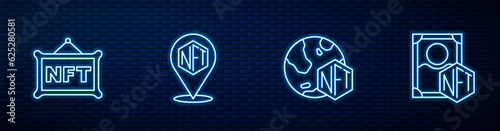 Set line NFT Digital crypto art, and . Glowing neon icon on brick wall. Vector