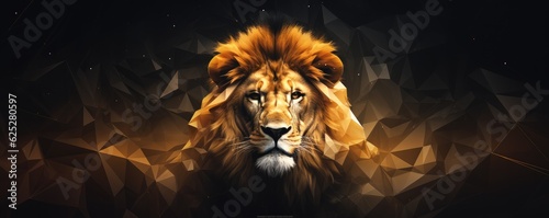 Lion king animal of nature with  dark golden background  nature panorama. Generative Ai.