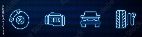 Set line Car, brake disk with caliper, Check engine and Tire pressure gauge. Glowing neon icon on brick wall. Vector