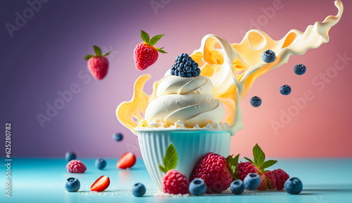 Frozen yogurt with berries and a splash of cream.Generative AI