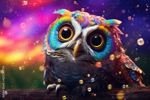 Owl animal with colorful rainbow bubbles in wild nature, panorama. Generative Ai. © annamaria
