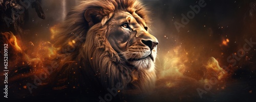 Lion king animal of nature with  dark golden background  nature panorama. Generative Ai.