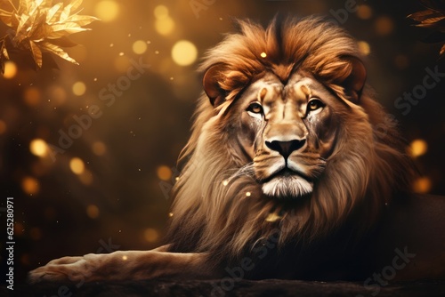 Lion king animal of nature with  dark golden background.. Generative Ai. © annamaria