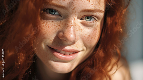 Extreme close up photo. Face of a woman, auburn hair, blush cheeks, blue eyes, sly grin, freckles, happy look. Generative AI