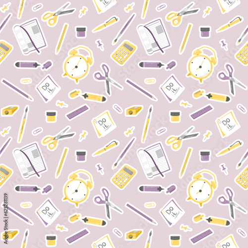 Vector childish seamless pattern with school supplies on a lilac background. Perfect for baby prints, covers, textiles, wallpapers, wrapping paper, scrapbooking.