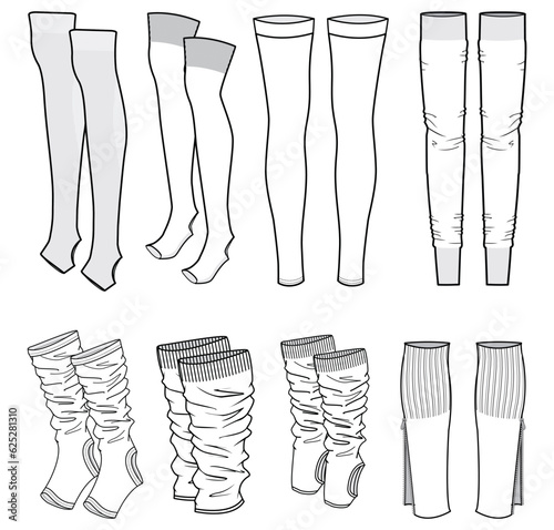 Set of Leg warmers Socks and footless stockings flat sketch fashion illustration template mock up, Legwarmers socks cad drawing for unisex men's and women's, Ankle warmers and slouchy socks drawing