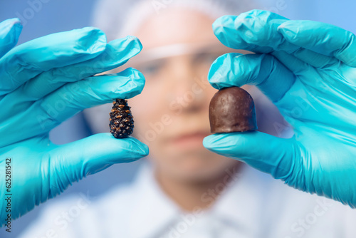 Worker chemist tests chocolate products from nut pine in laboratory, blue background. Concept Food industry, candy factory