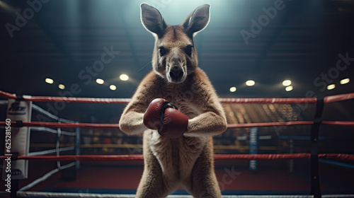 Kangaroo in boxing gear inside a boxing ring. Generative AI