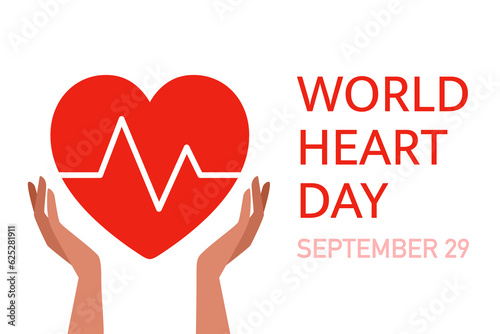 World heart day concept, poster, template. Hands holding a red heart.