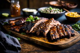 Juicy cooked pork ribs lie on a wooden board.Generative AI