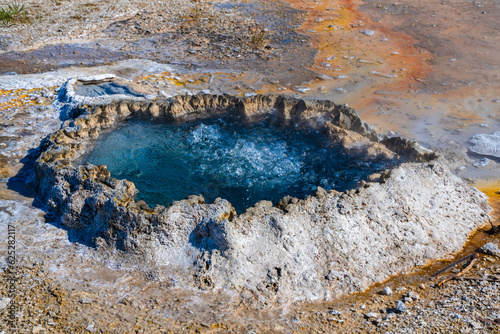 View of geothermal geyser seen from Yellowstone National Park, Wyoming.