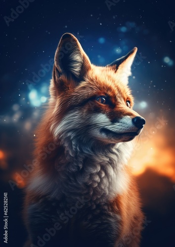 Fox animal with bokeh dark sunset background, night sky with stars and moon. Generative Ai. © annamaria