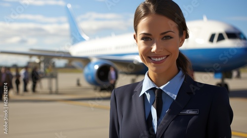 A female flight attendant stands in front of a plane with a big smile on her face. Generative AI photo