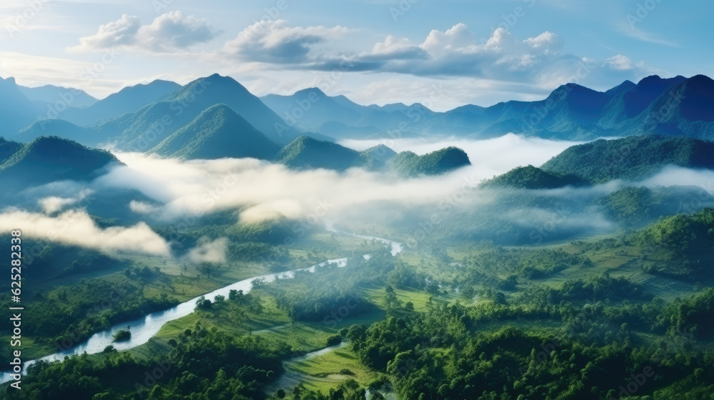 Foggy landscape. Fog and cloud mountain tropic valley landscape. aerial view