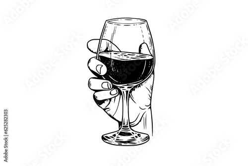 Wine glass in hand drawn ink sketch engraving style vector illustration.