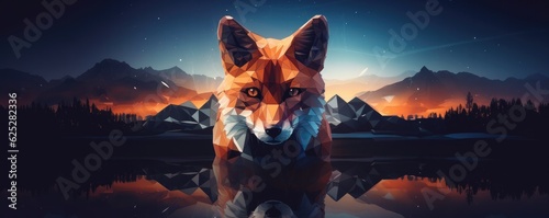 Fox animal with bokeh dark sunset background, night nature panorama. Generative Ai.