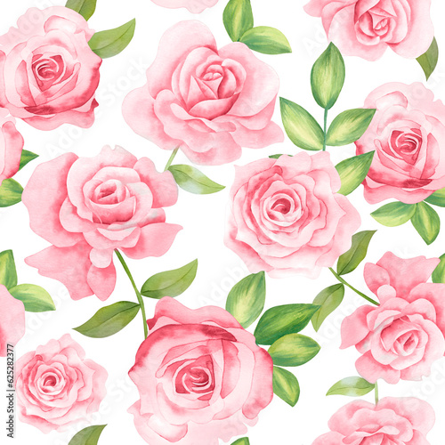 Watercolor flowers pattern, red roses, green leaves, white background, seamless