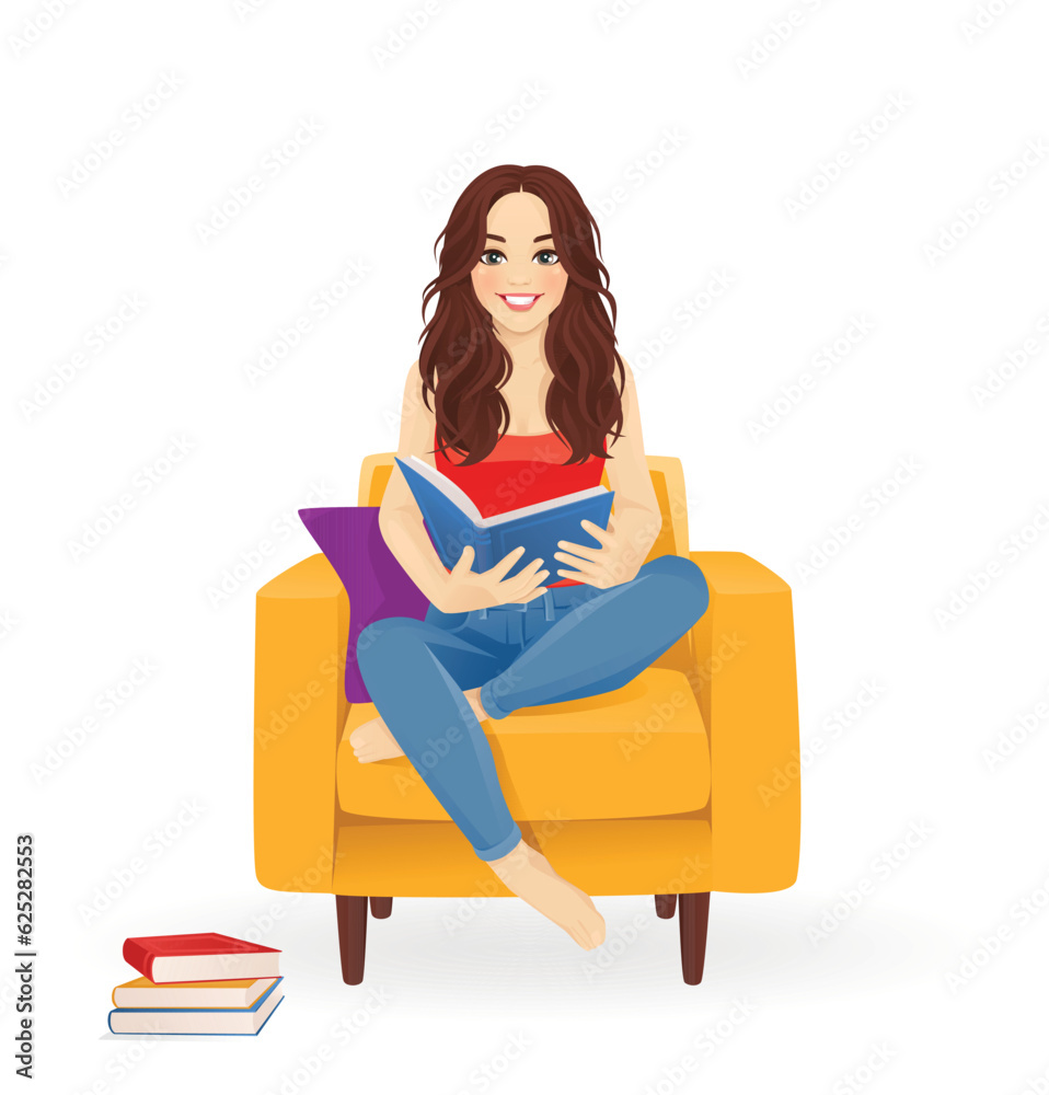 Young woman reading book sitting in cozy yellow armchair isolated vector illustration Young woman reading book sitting in cozy yellow armchair isolated vector illustration