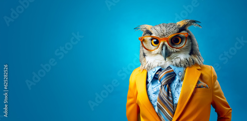 Cool looking owl bird wearing funky fashion dress - jacket, shirt, tie, glasses. Wide banner with space for text at side. Stylish animal posing. Generative AI